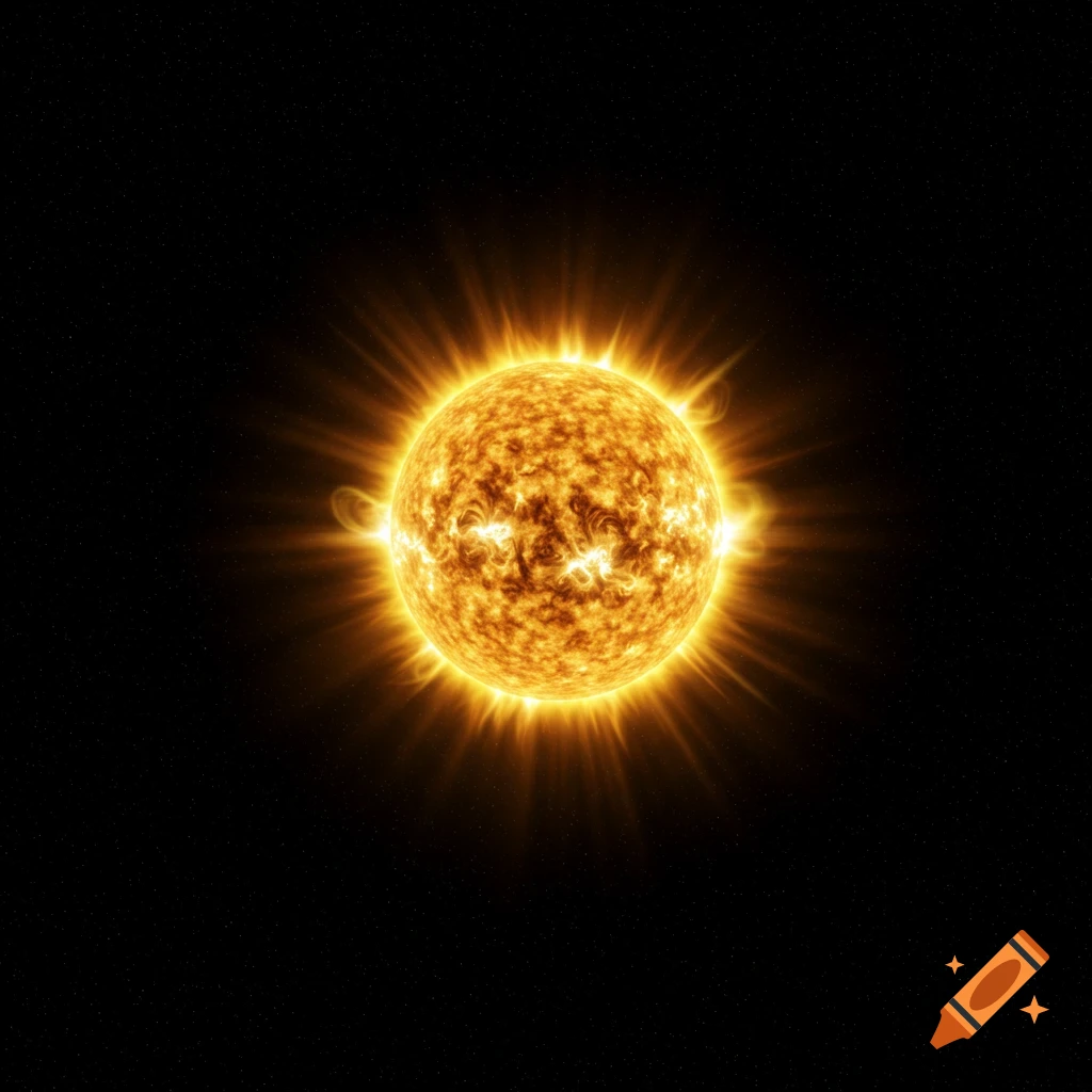 The sun shining brightly in the center of dark space filled with stars.