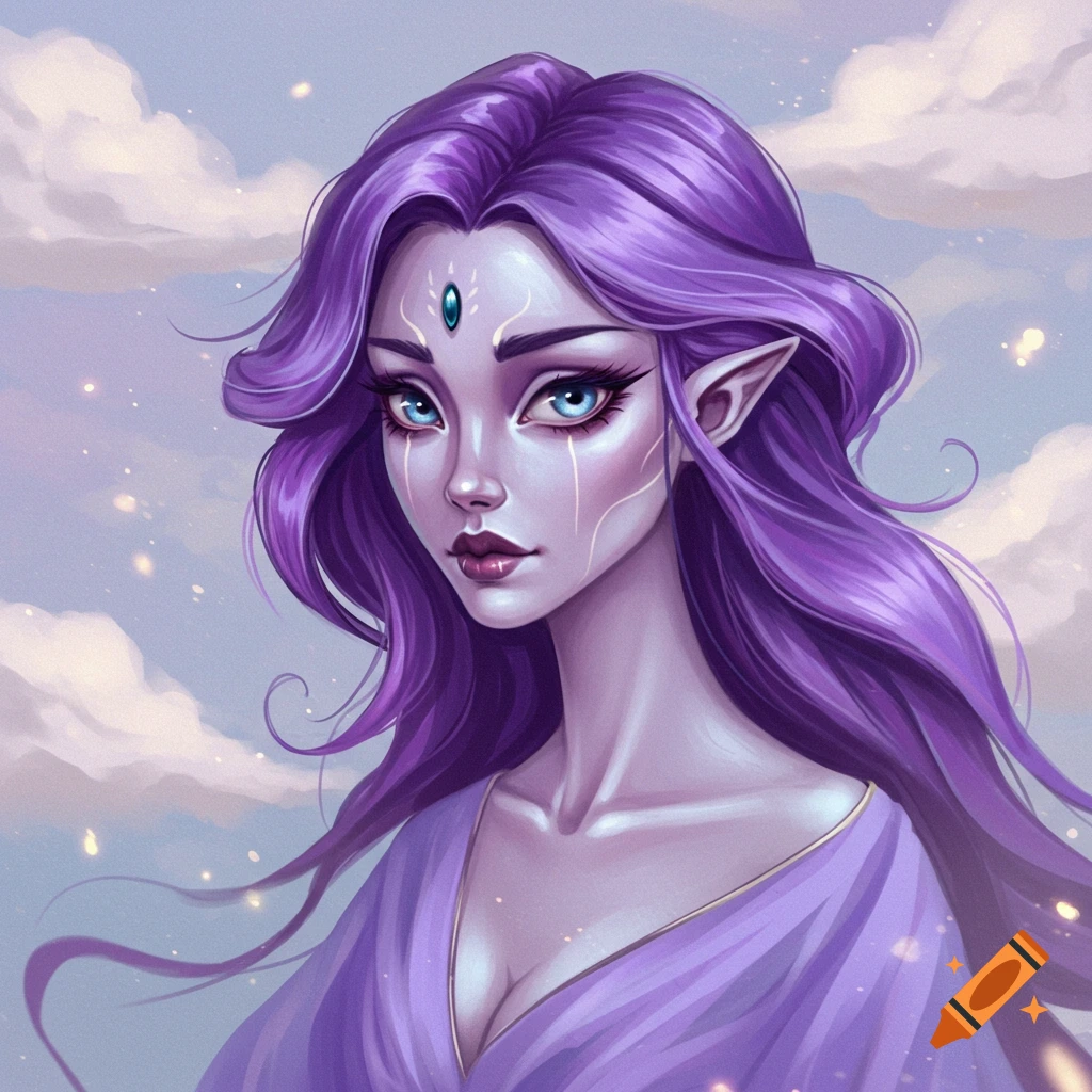 Portrait of a fantasy female with purple hair, pale skin, and blue eyes