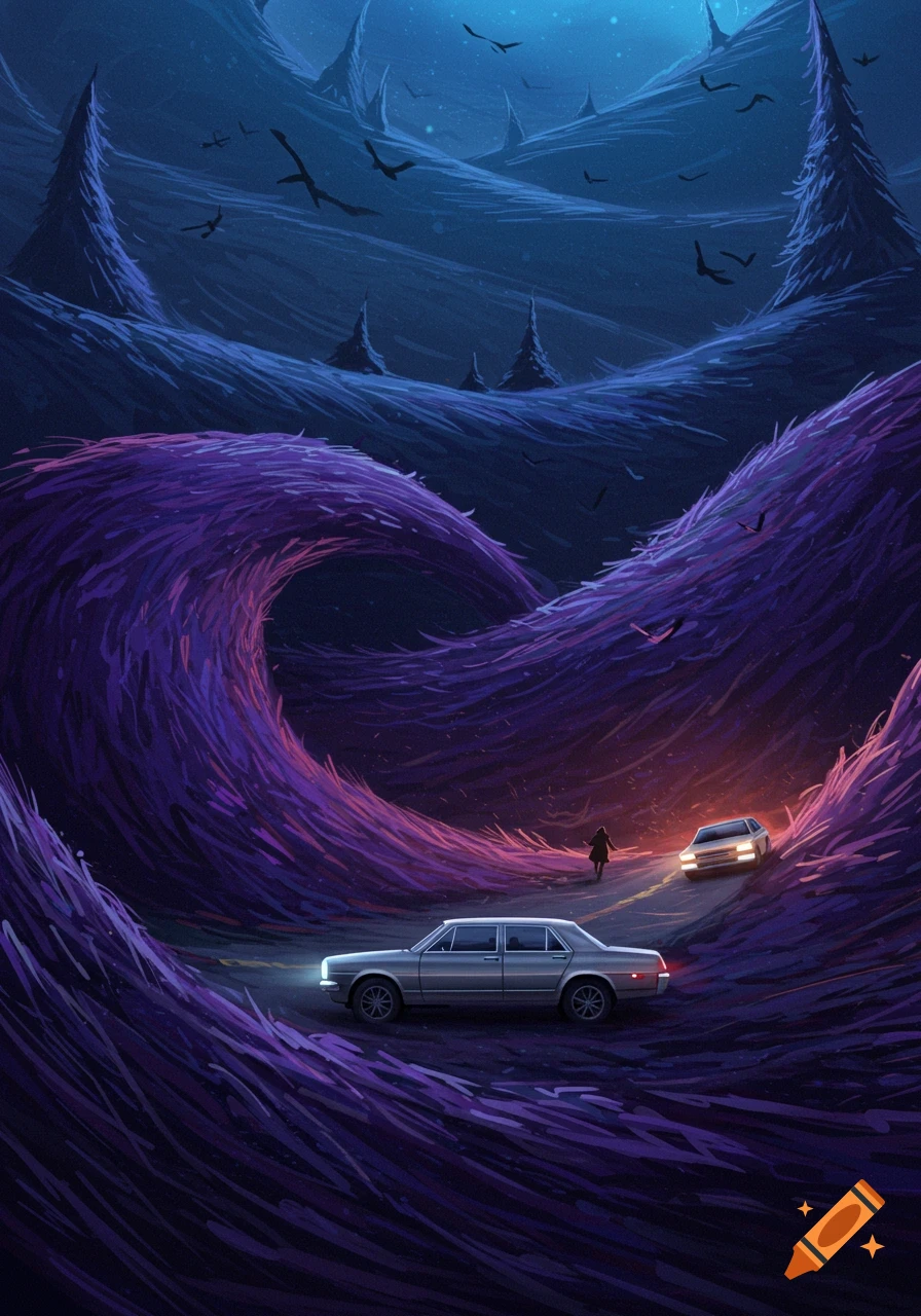 Surreal landscape with purple waves, cars on a road, a figure, and birds under a night sky.