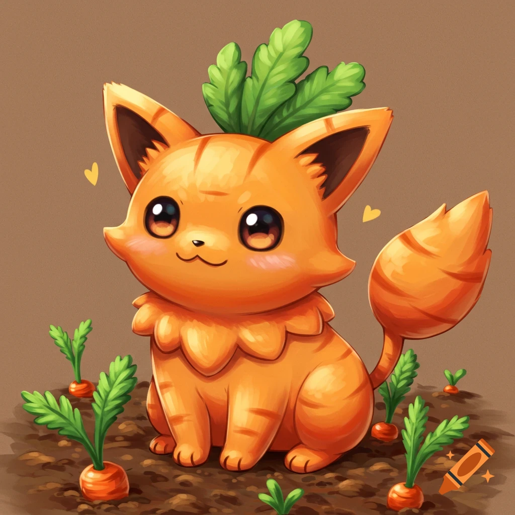 A cute orange carrot-like cat creature with green leaves on its head sits in a garden with carrots.