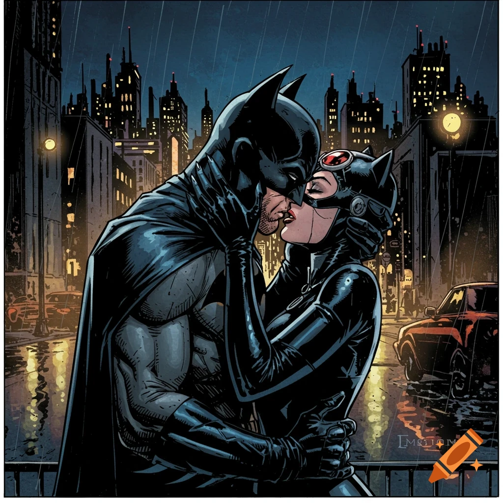 Batman and Catwoman kissing in the rain in a city.