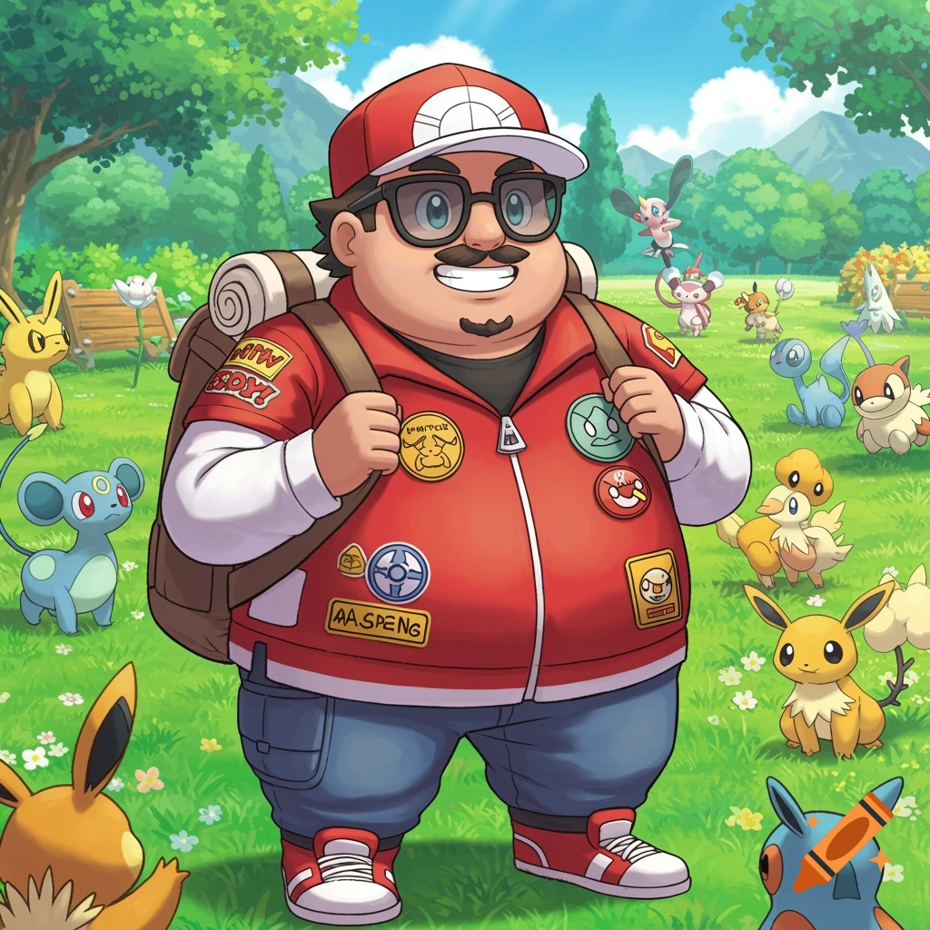 A chubby cartoon Pokemon trainer with a red hat and jacket stands in a field surrounded by various Pokemon.