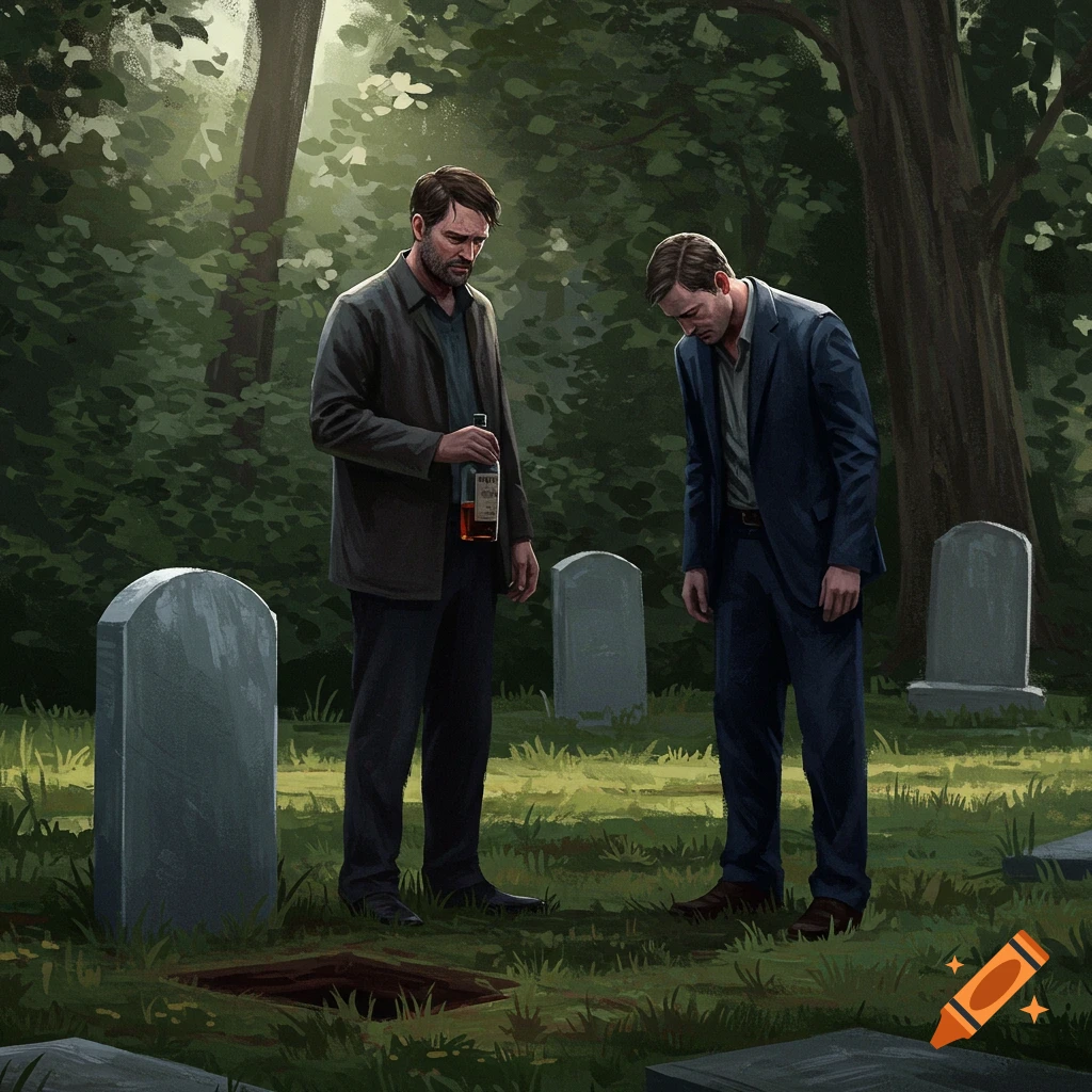 Two men in a cemetery looking at a grave, one holding a whiskey bottle.