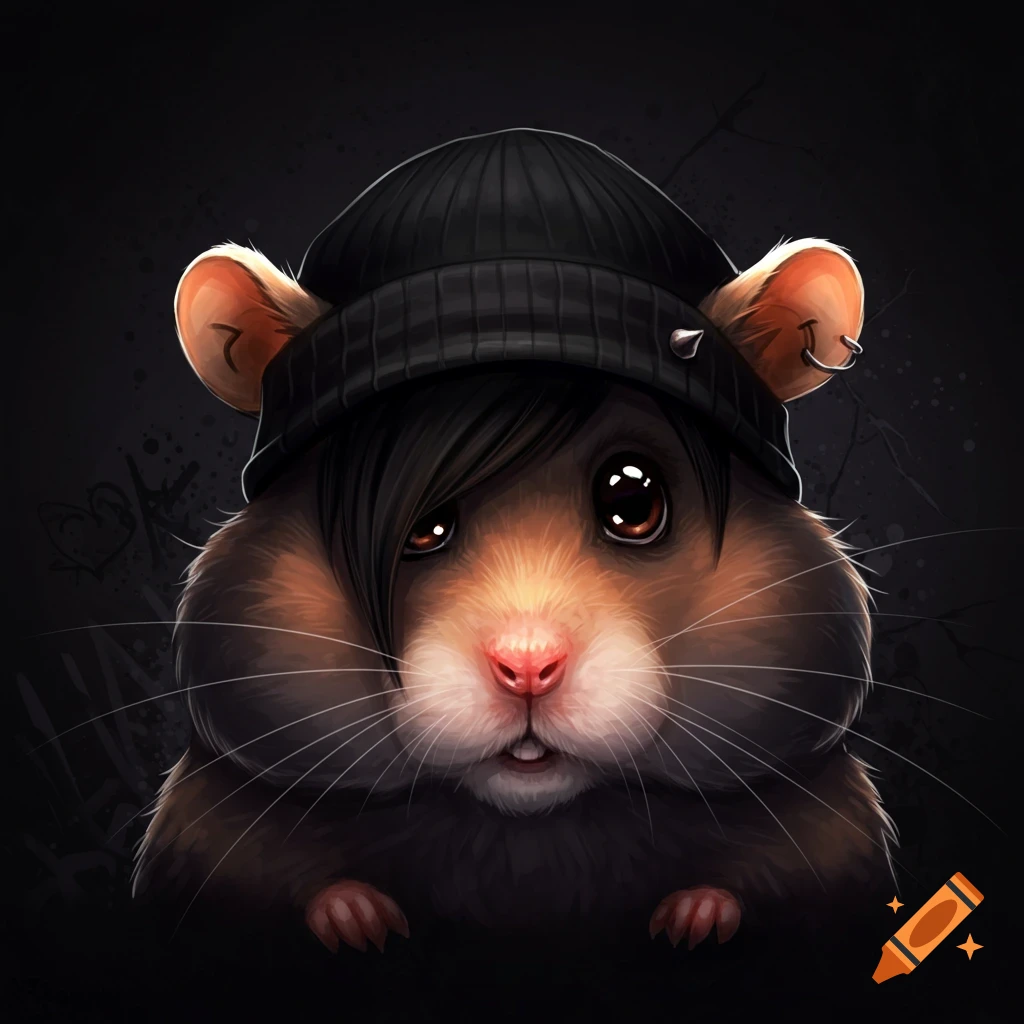 An emo hamster wearing a black beanie.