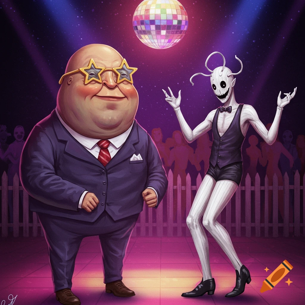 A man with star glasses and a pale figure with striped legs dance at a disco.