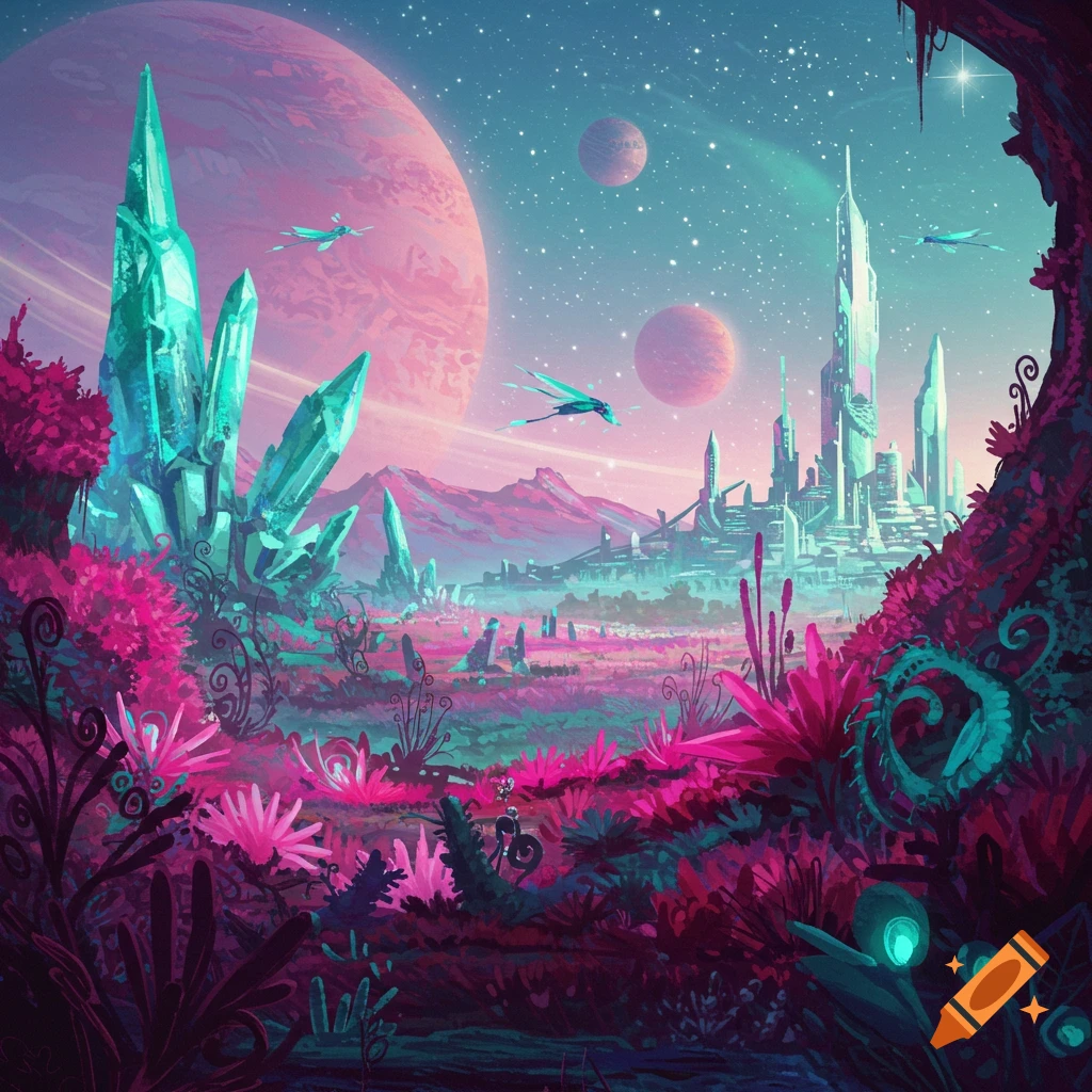 Vibrant alien landscape with pink and teal plants, crystals, a futuristic city, flying creatures, and planets in the sky.