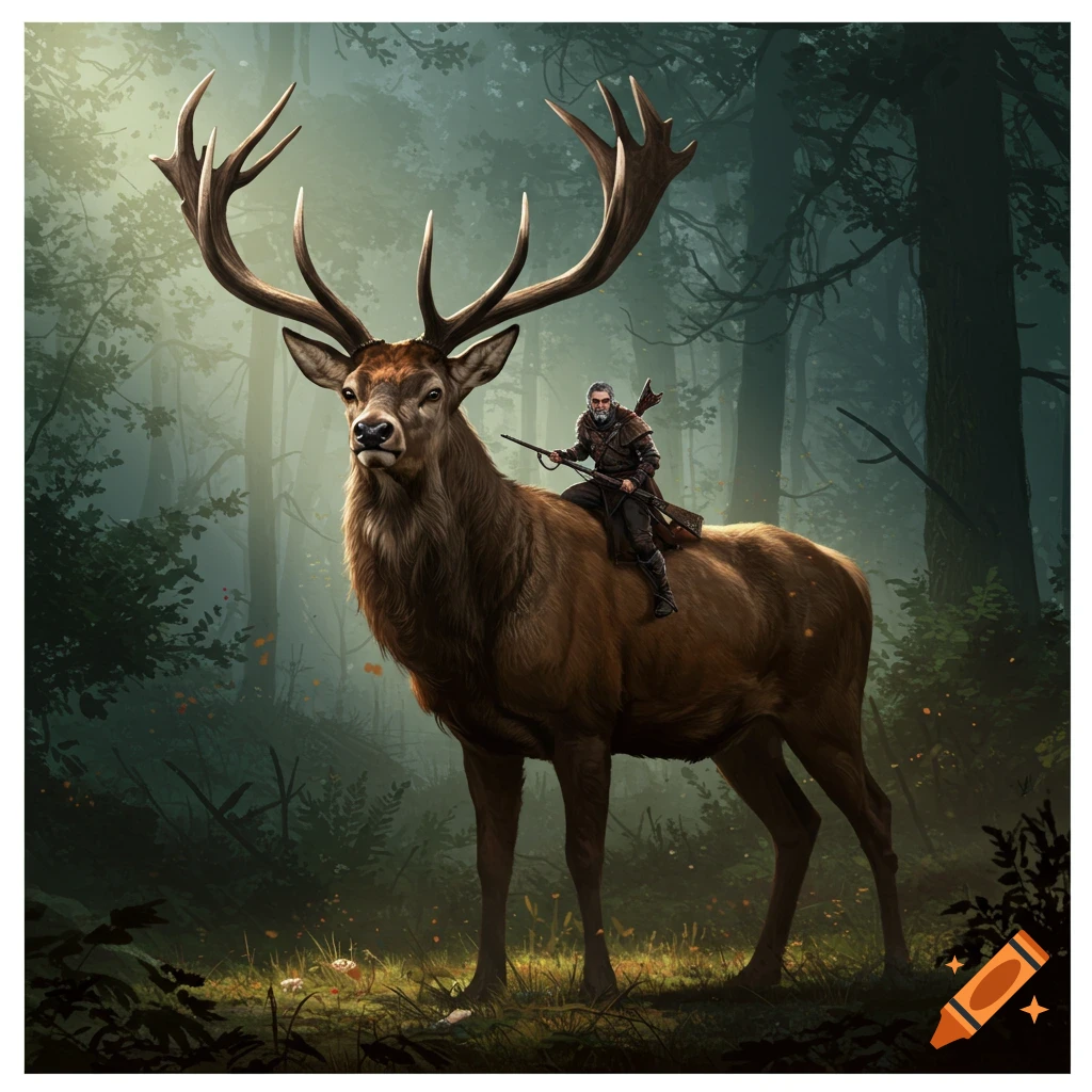 A hunter rides a huge deer through a misty forest.