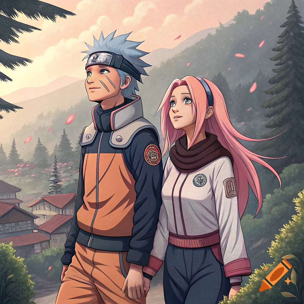 Anime style couple holding hands, walking through forest landscape with village.