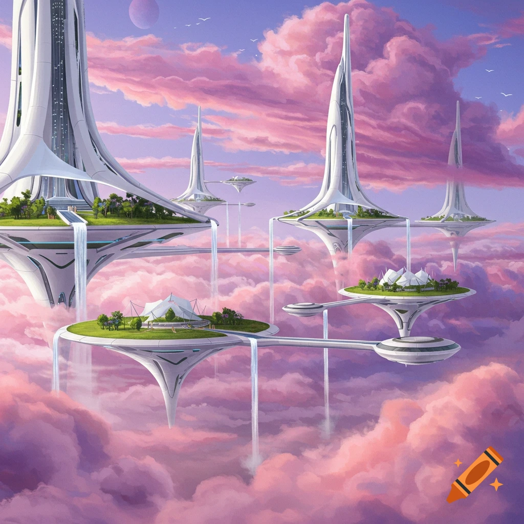 Floating islands with futuristic architecture, waterfalls, greenery, and pathways in a pink cloudy sky.