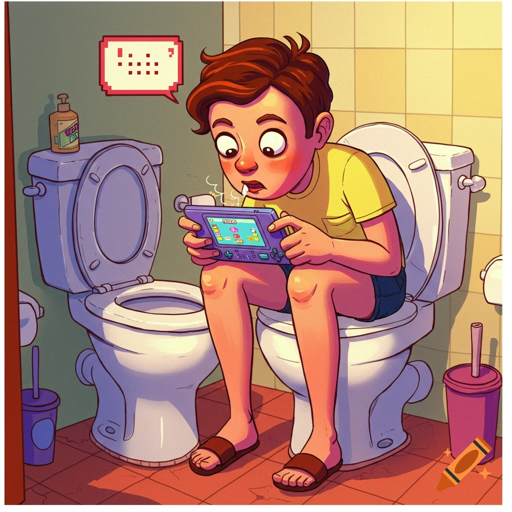 Cartoon illustration of a boy sitting on a toilet playing a handheld video game.