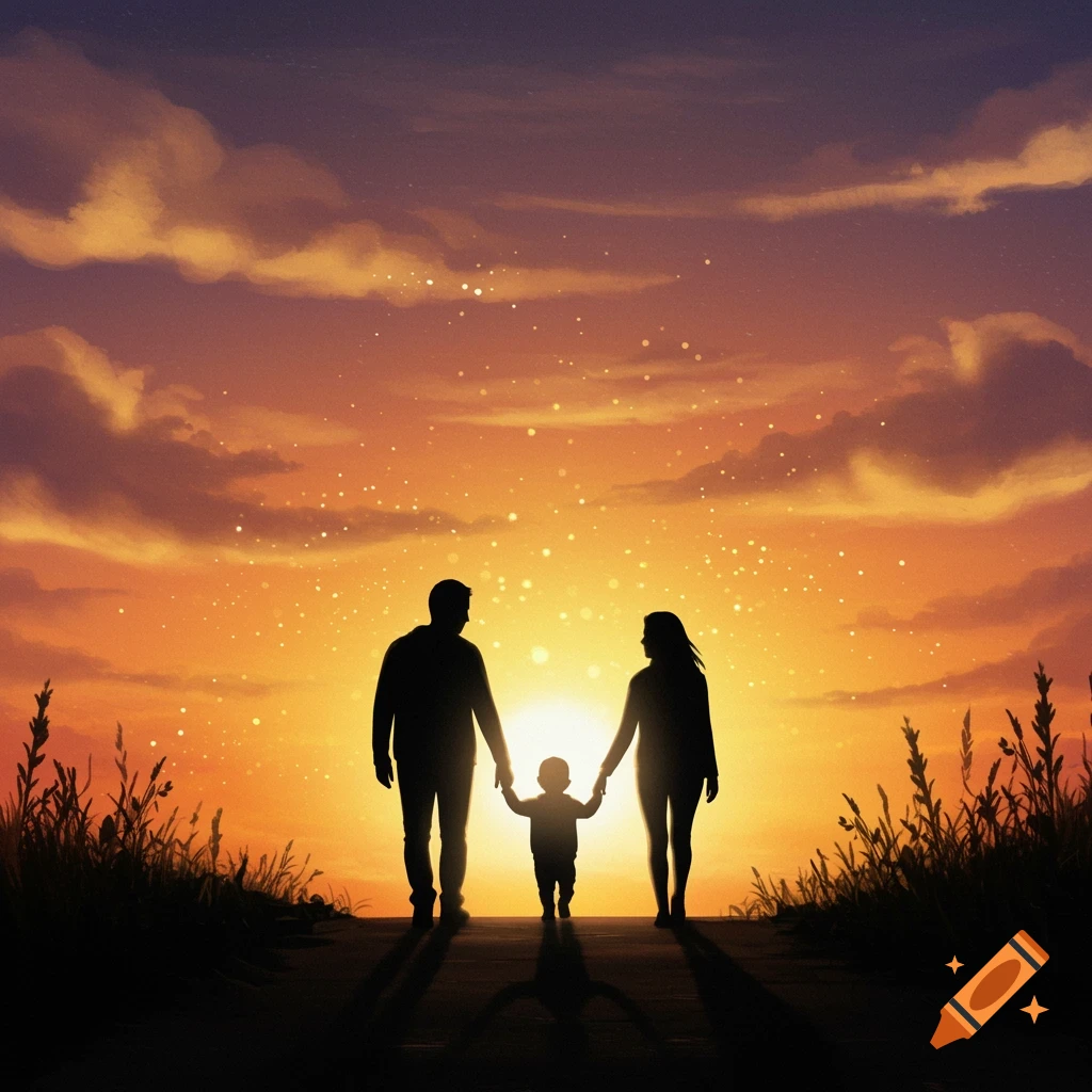 Silhouette of a family walking hand-in-hand into a sunset.