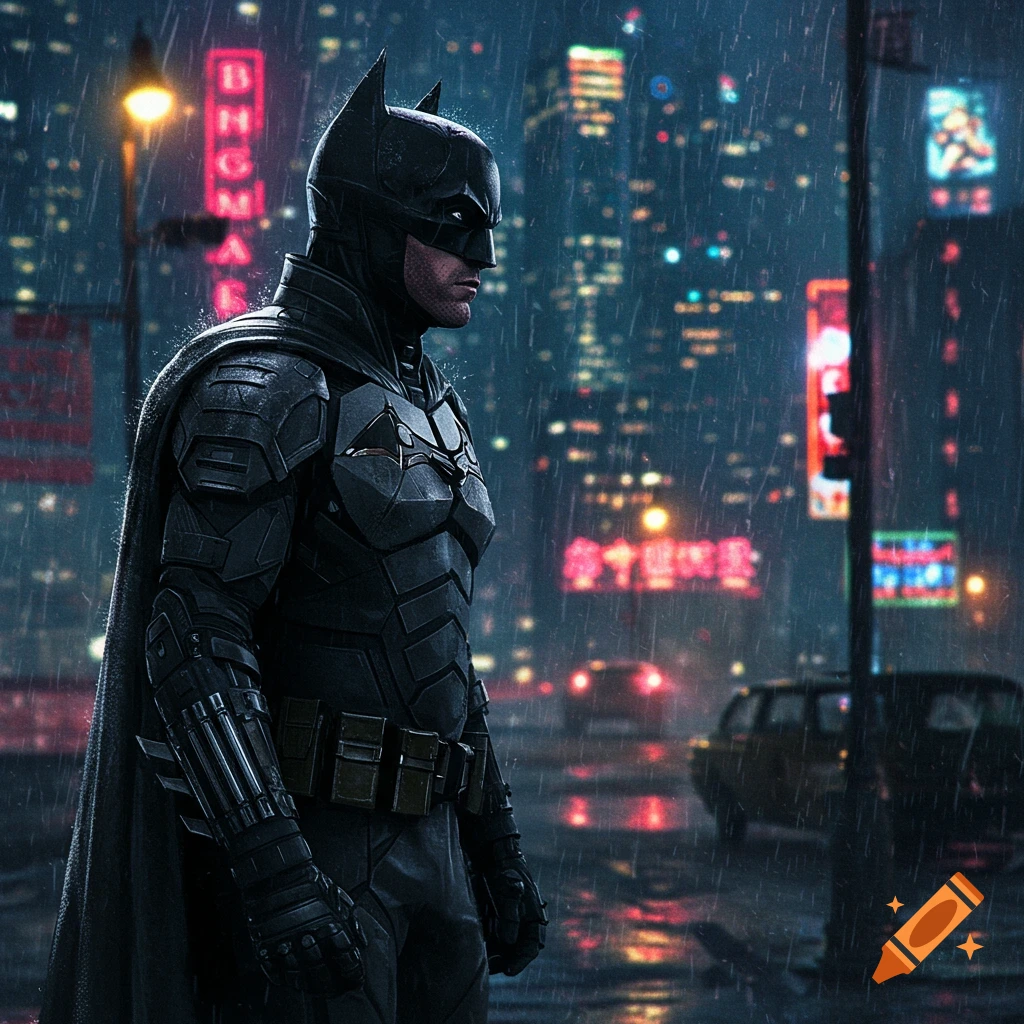 Batman standing on a rainy city street at night with neon signs.