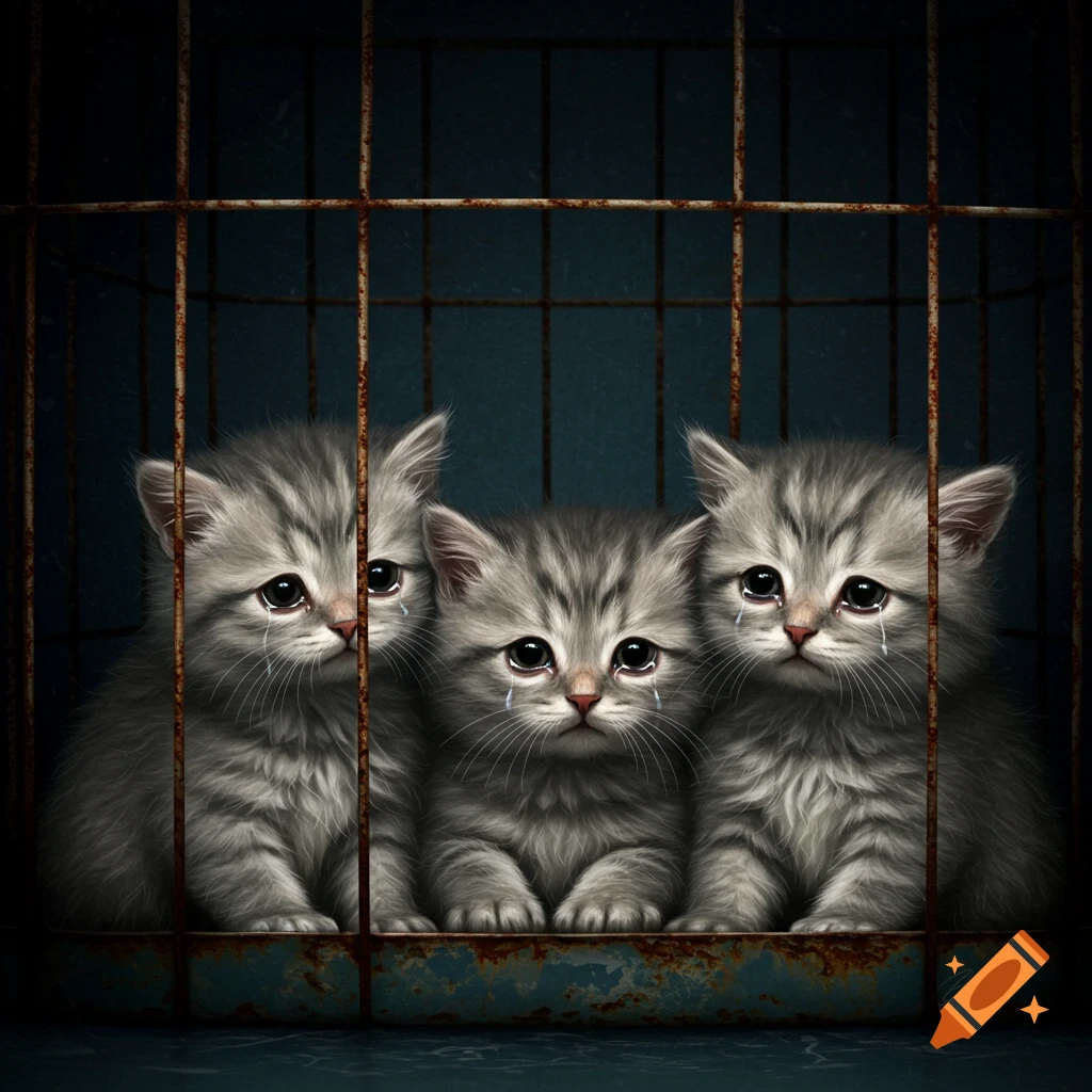 three sad, crying tabby kittens inside a rusty cage.