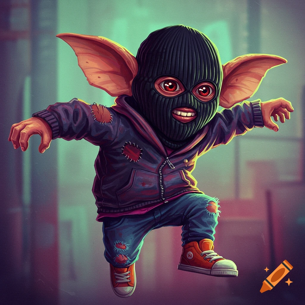 A gremlin is depicted wearing a ski mask, hoodie, and jeans.