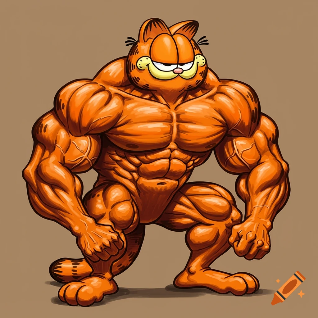 Muscular Garfield the cat squatting