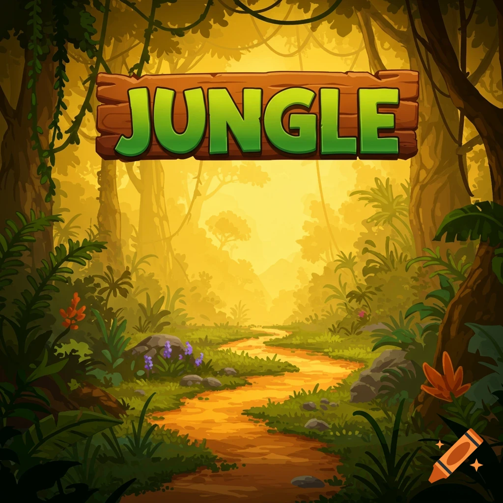 A stylized illustration of a jungle path with trees, plants, and a wooden sign reading 'JUNGLE' overhead. Looks like a game background.