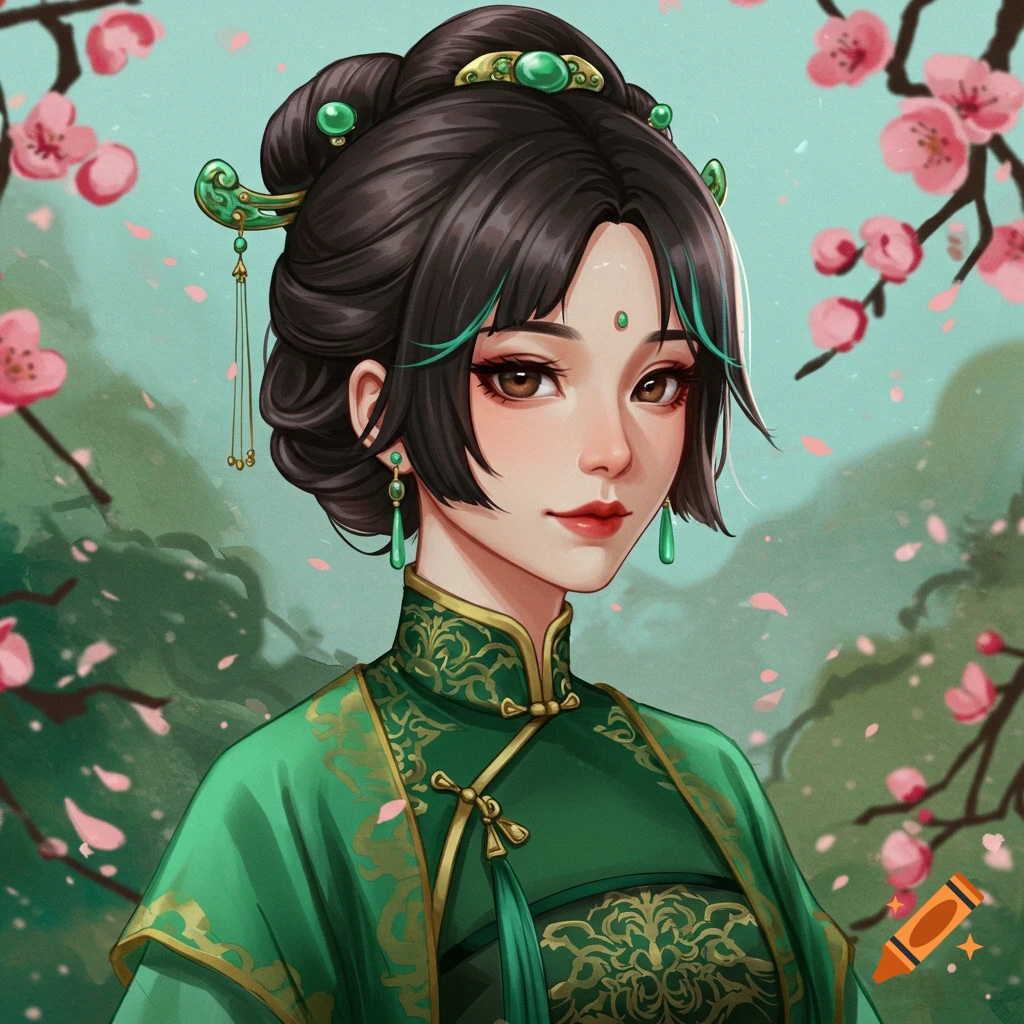 Painting of a woman in traditional green attire with jade jewelry and cherry blossoms.