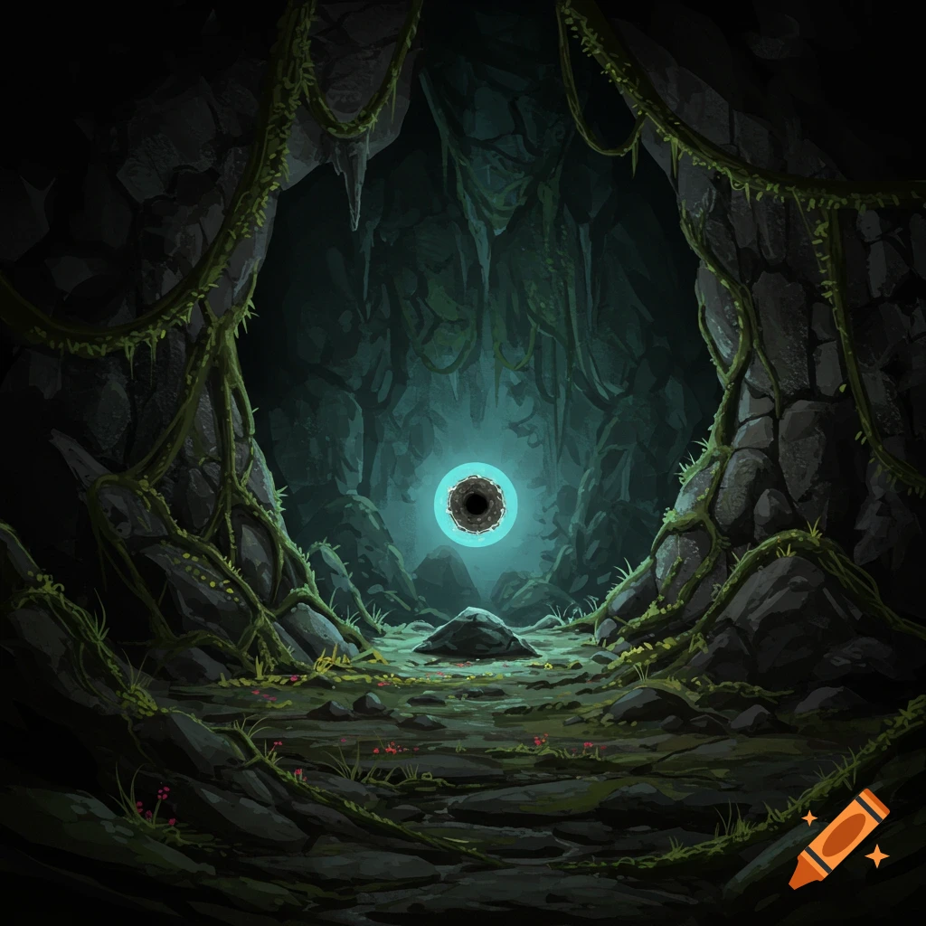 Dark cave interior with vines and a glowing floating orb.