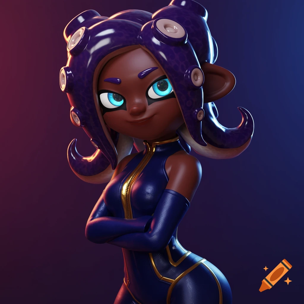 3D render of a dark-skinned Octoling girl with purple tentacles and blue eyes, wearing a form-fitting navy suit with gold details. She crosses her arms and smirks.