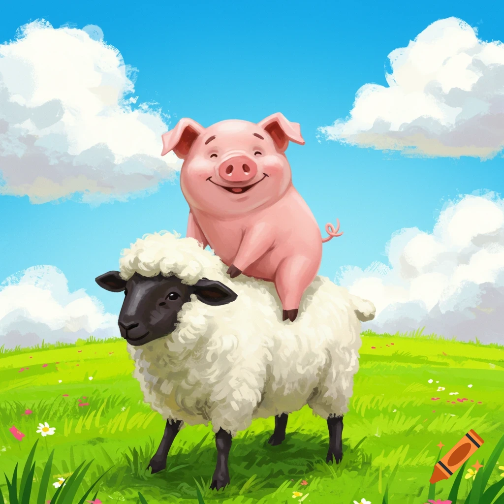 A cute cartoon pig rides a sheep through a grassy field under a blue sky.