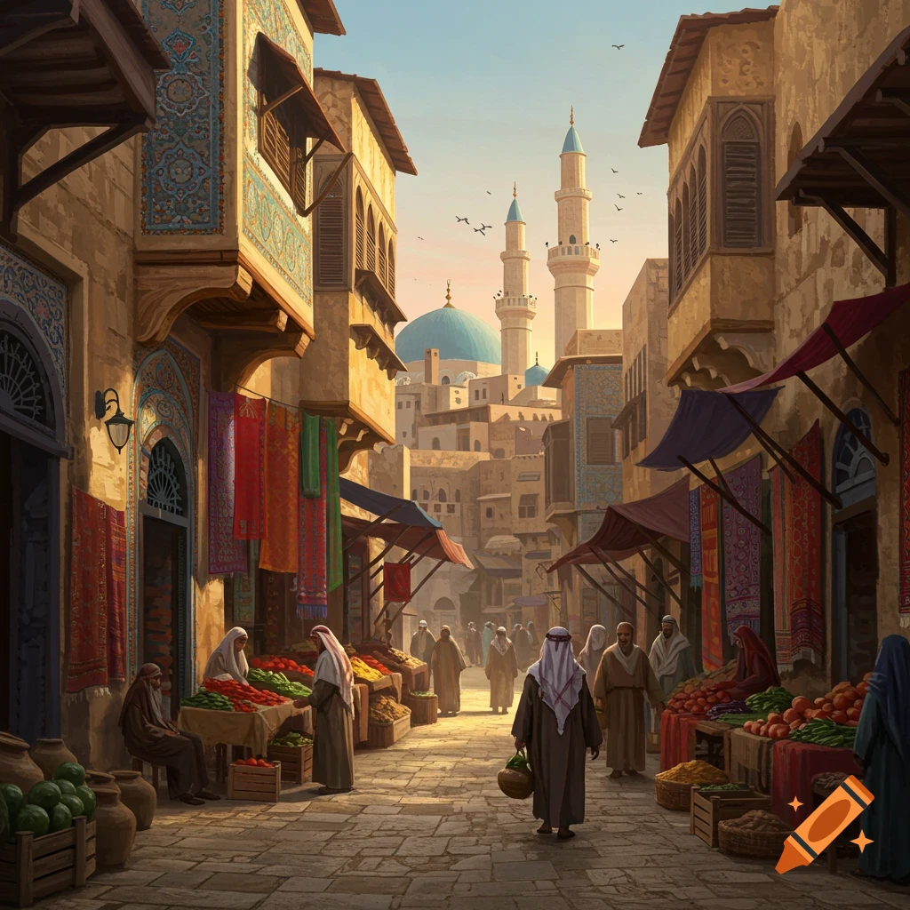 A busy marketplace street in an old Middle Eastern city. Vendors and shoppers move among stalls and traditional buildings under a clear sky.