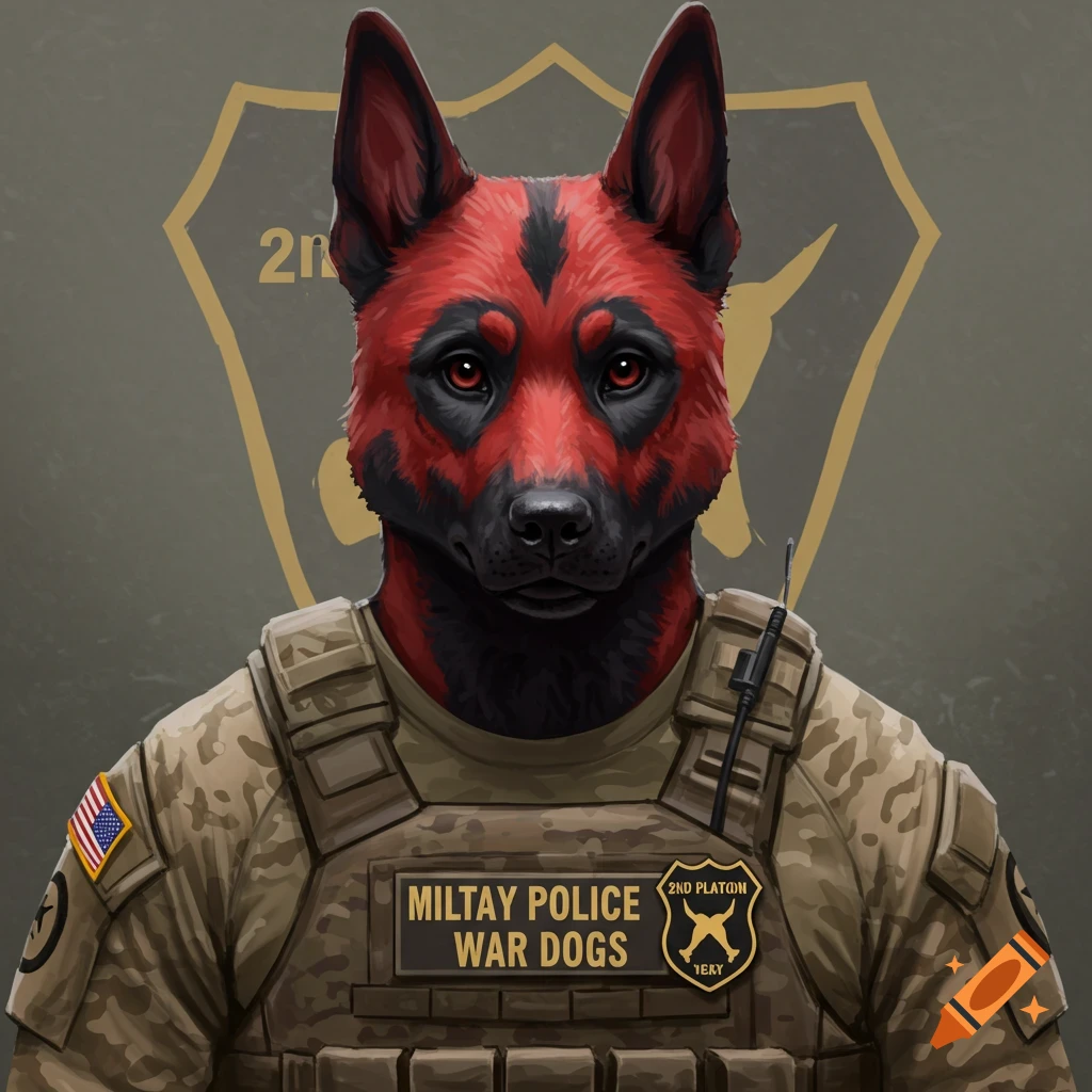 A red and black German Shepherd wears a military vest with patches.