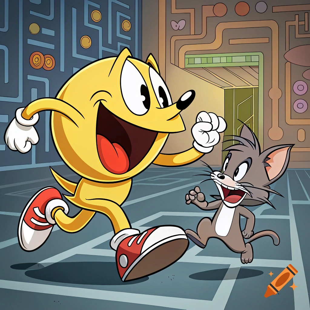 A yellow cartoon character like Pac-Man chases Tom from Tom & Jerry through a digital maze.