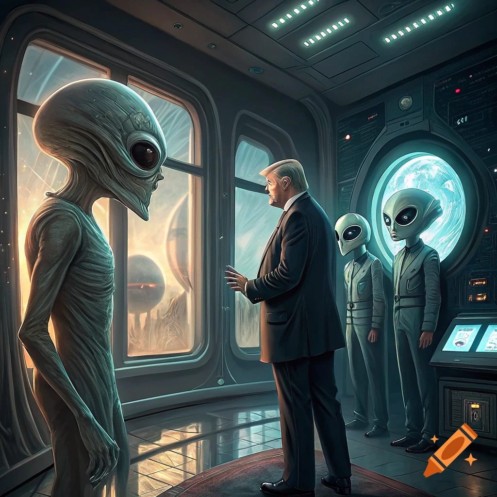 A human figure in a suit speaks with aliens inside a spaceship overlooking an alien landscape.