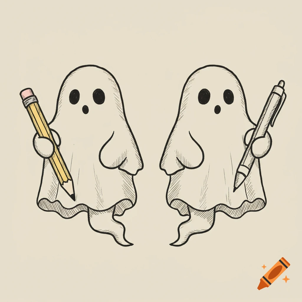 Line drawing of two ghosts holding a pencil and a pen.