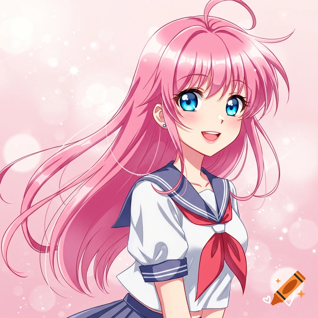 Anime girl with pink hair and blue eyes in a school uniform