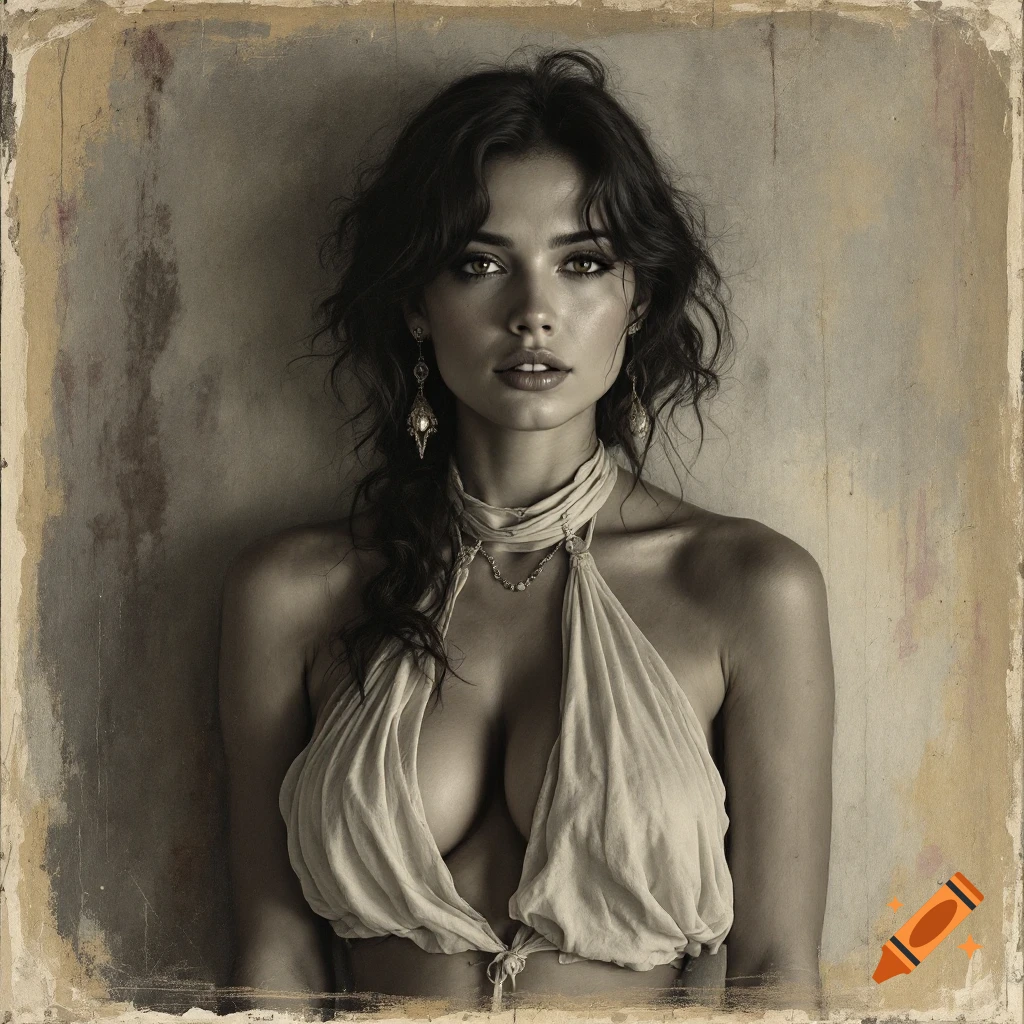 Portrait of a woman with dark hair, wearing a halter top and jewelry, vintage style.