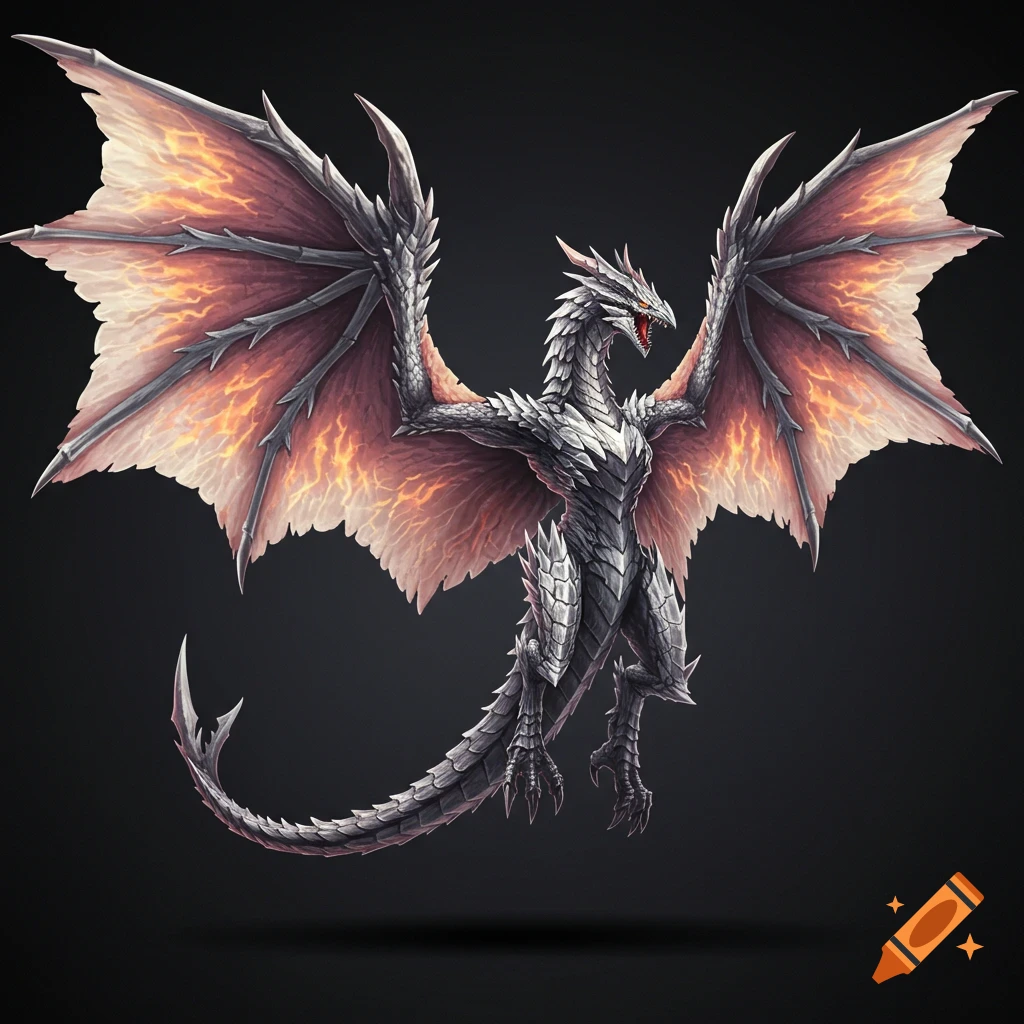 Illustration of a silver dragon with fiery wings spread against a dark background.