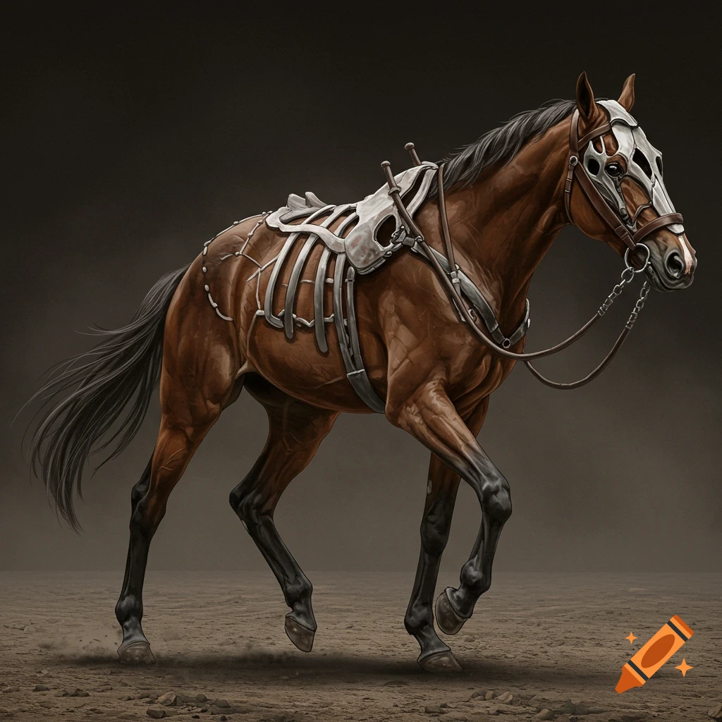 A brown horse wearing skeletal-style armor stands in a dusty landscape.