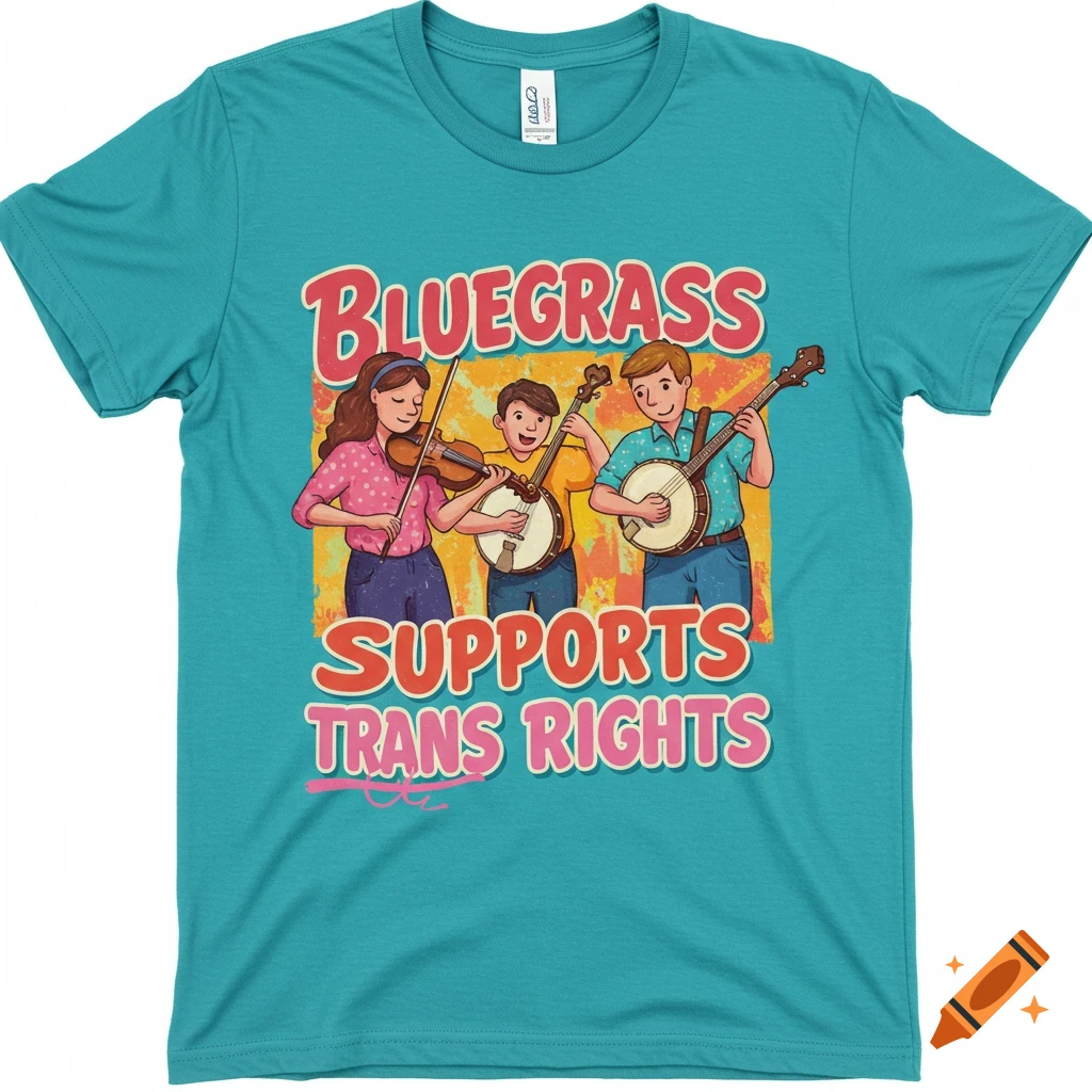 T-shirt design with a band playing bluegrass instruments and text 'BLUEGRASS SUPPORTS TRANS RIGHTS'