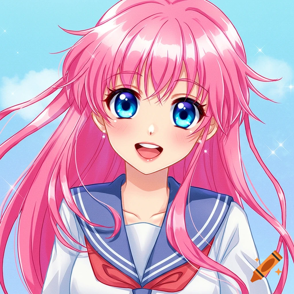 Anime portrait of a girl with pink hair and blue eyes in a sailor uniform.