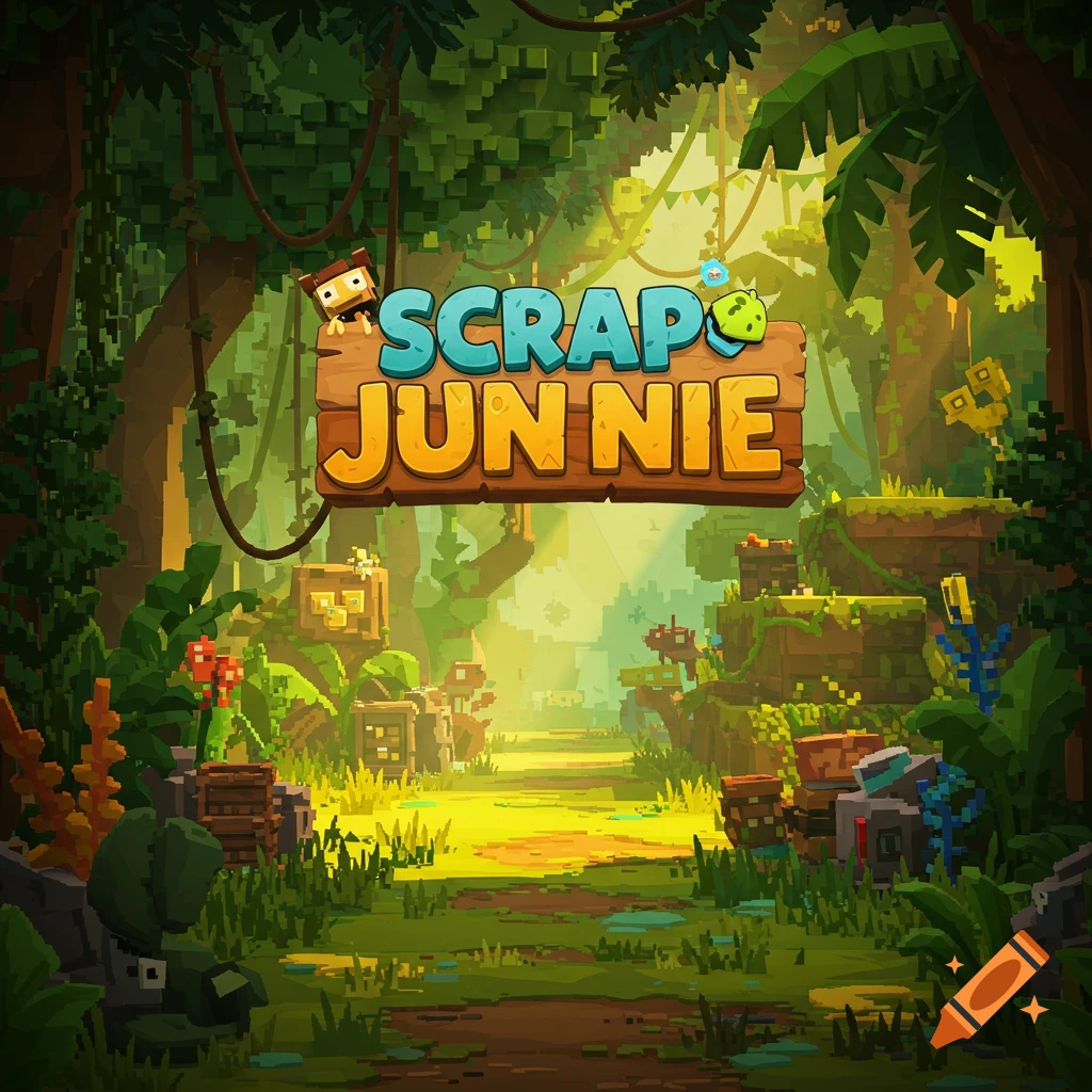 Voxel style game title screen in a lush jungle with a wooden sign reading 'SCRAPS JUNNIE'.