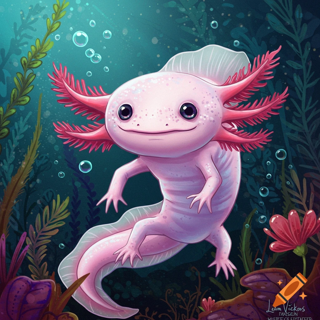 A cute pink axolotl swims underwater among green plants and bubbles in a stylized illustration.