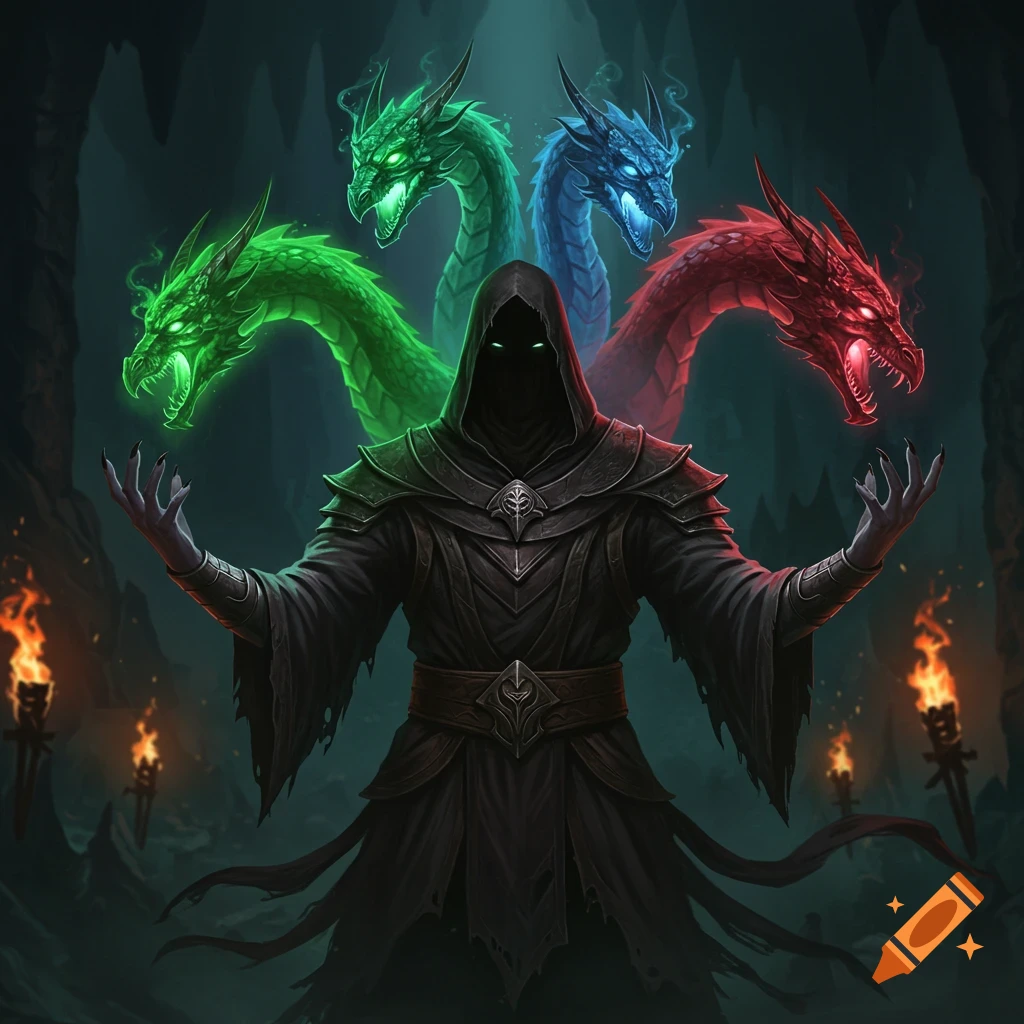 Hooded mage with three spectral dragon heads in a dark cave with torches.