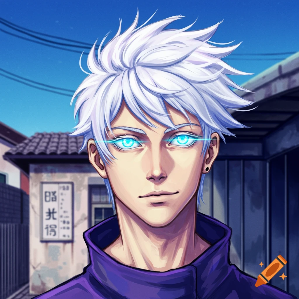 Portrait of a white-haired male anime character with glowing blue eyes.