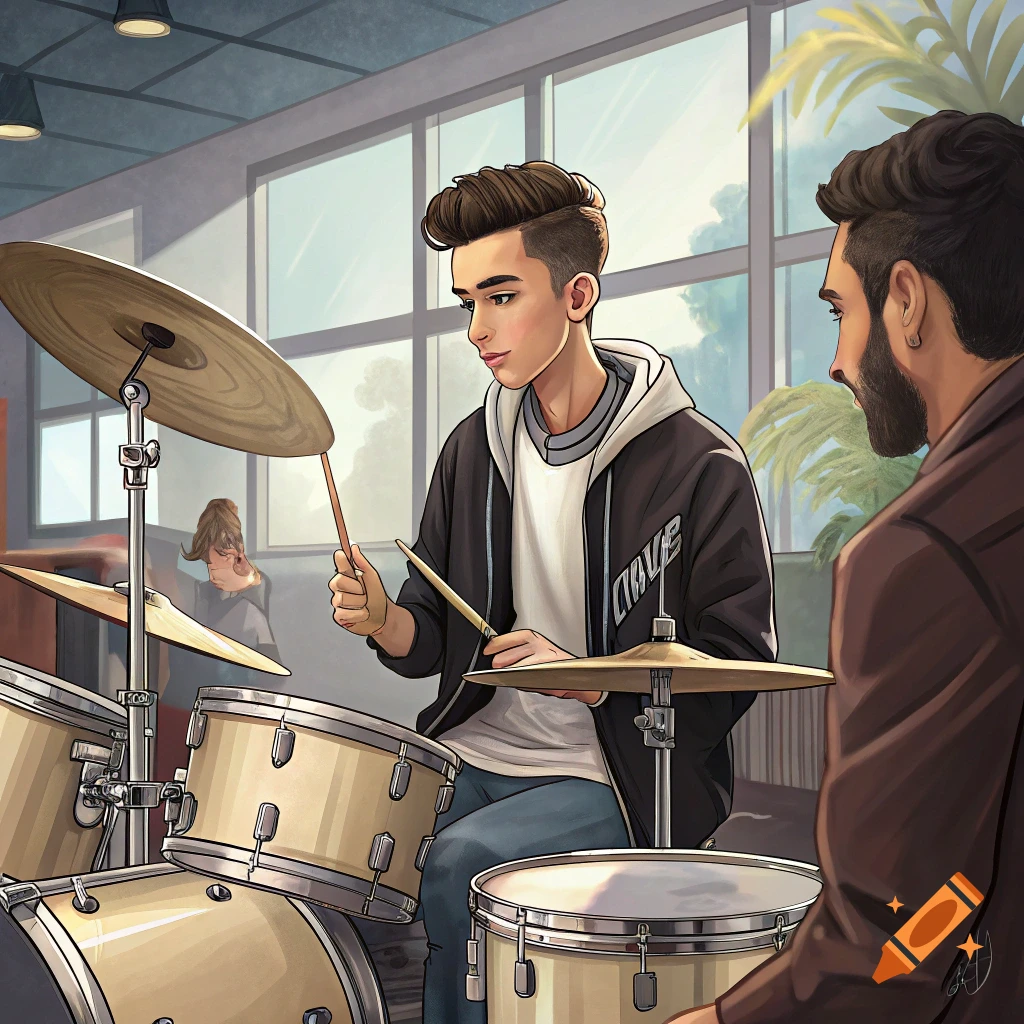 Illustration of a young man learning to play drums from an instructor in a bright room.