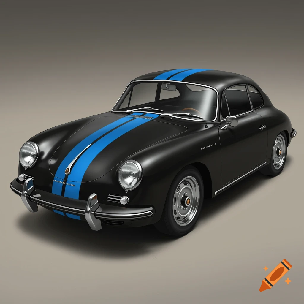 A black Porsche 356 coupe with blue racing stripes.