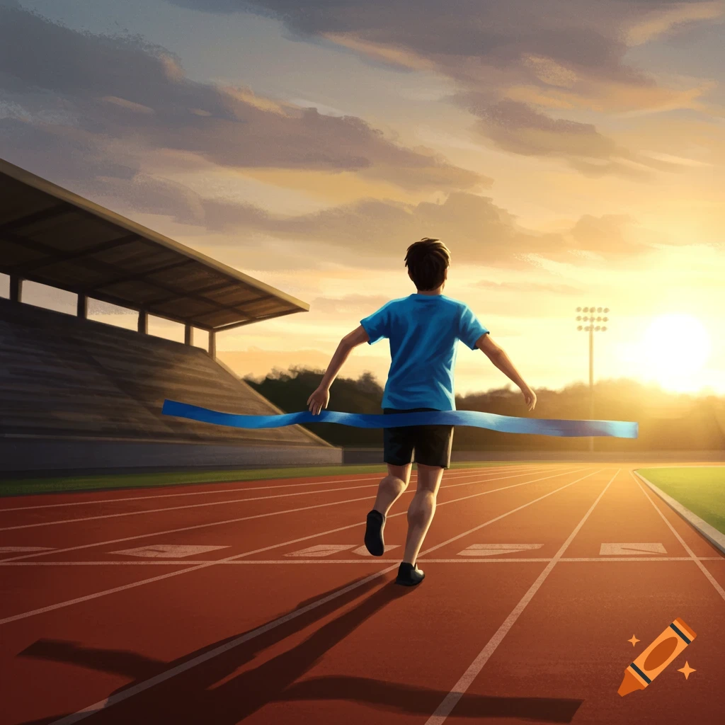 A runner crosses a finish line on a track at sunset.