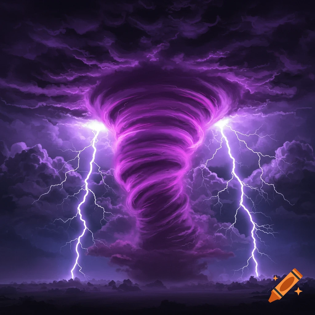 A dramatic purple tornado with lightning strikes against a stormy sky.