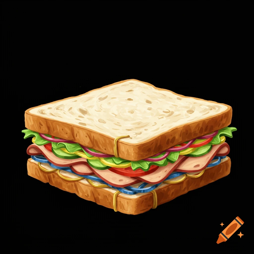 Painting of a sandwich with meat, vegetables, and rubber band layers on a black background.