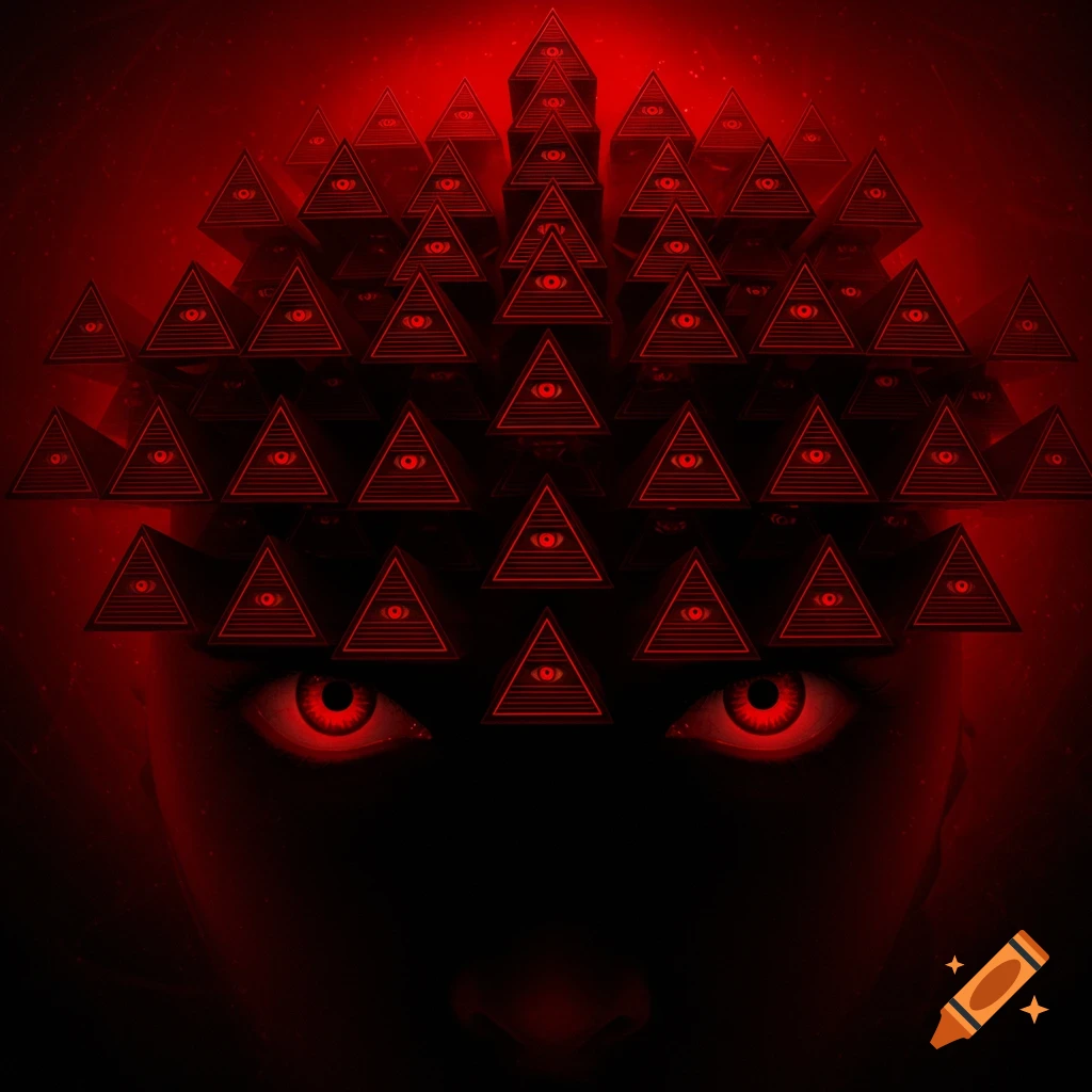 A person's red eyes with many pyramids with eyes above them in a dark, red-lit setting.