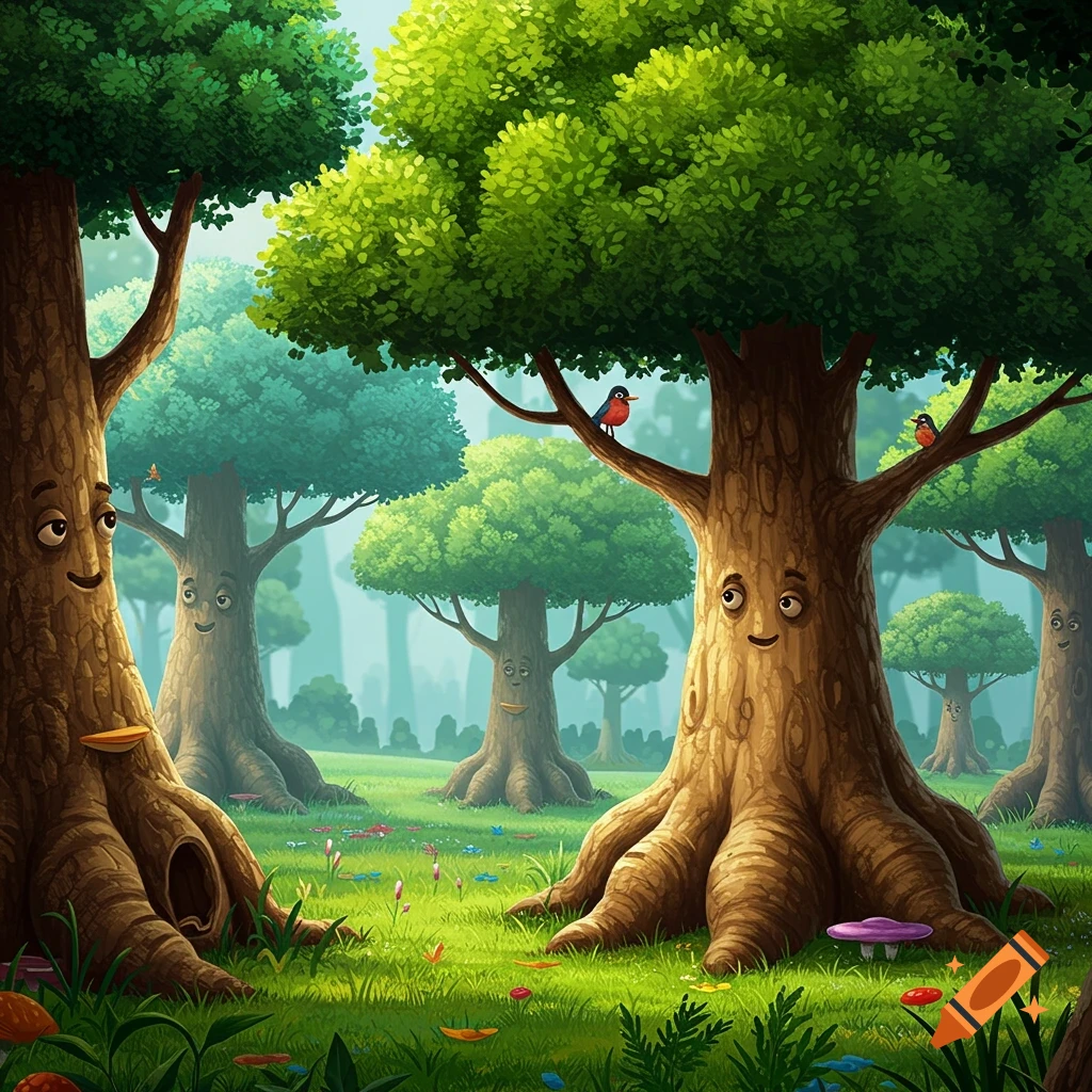 Whimsical forest with cartoon trees that have faces and birds.