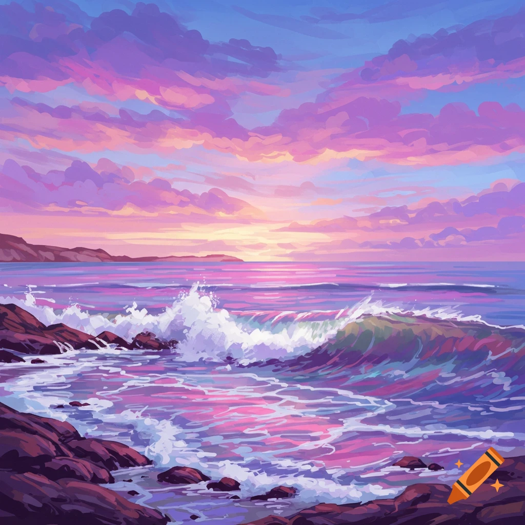A vibrant ocean sunset illuminates the sky as waves crash against the rocks.