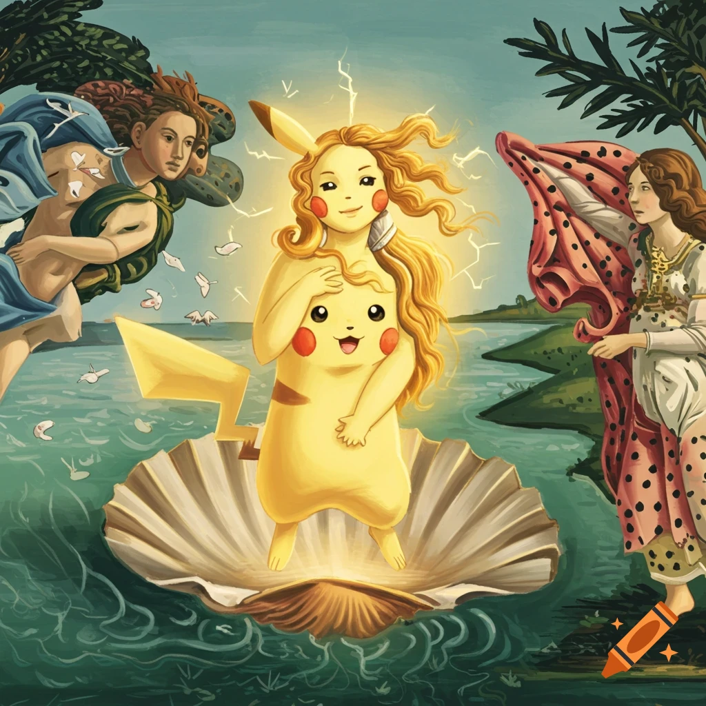 A stylized image of Pikachu emerging from a seashell like Botticelli's Birth of Venus.