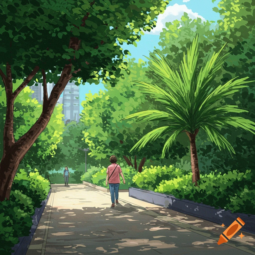 Two people walking down a path in a sunny park.