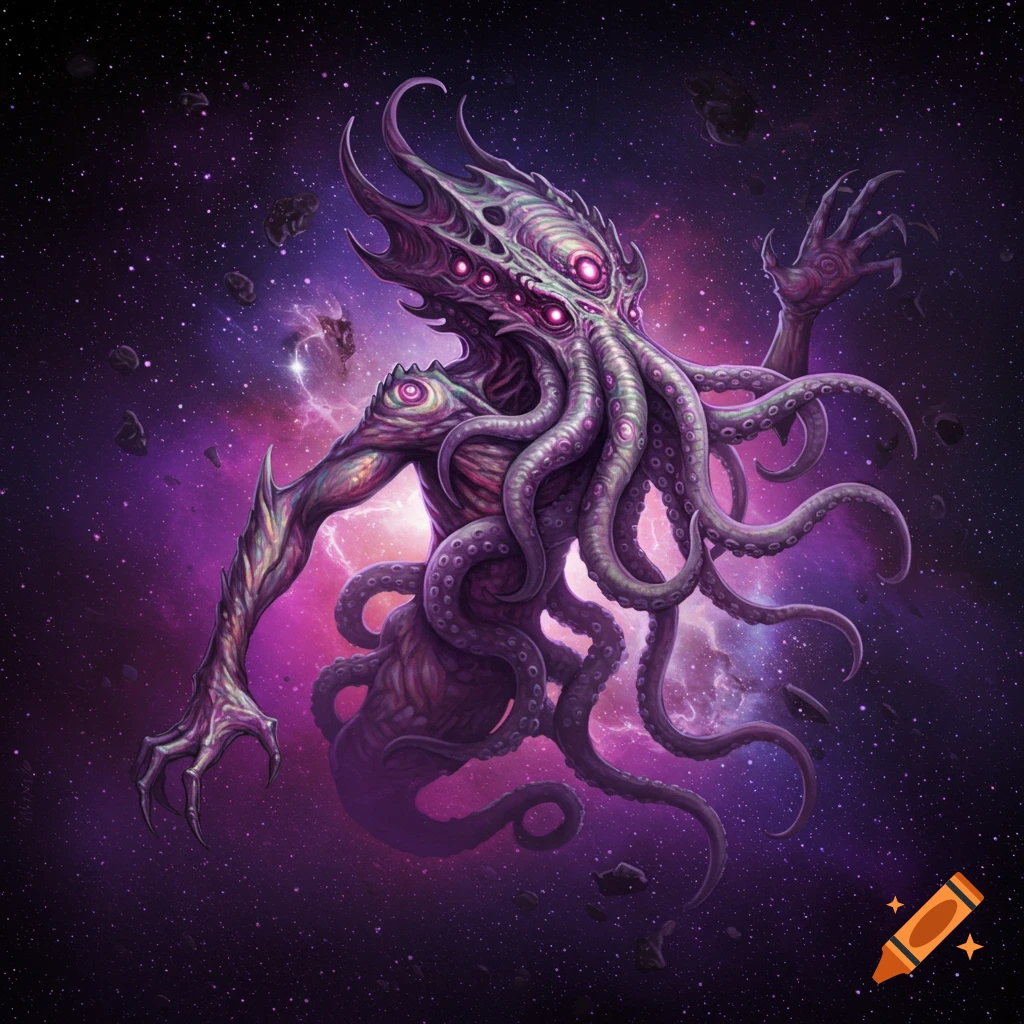 A purple, tentacled eldritch horror creature with multiple eyes floating in deep space.